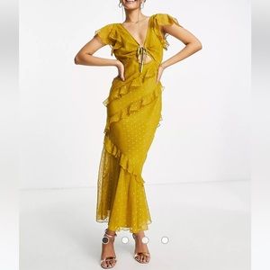 ASOS DESIGN bias cut tea midi/maxi dress with ruffle sleeve in fil coupe